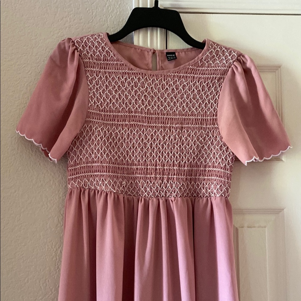 SHEIN Pink Puff Sleeve Sundress with Crew Neck